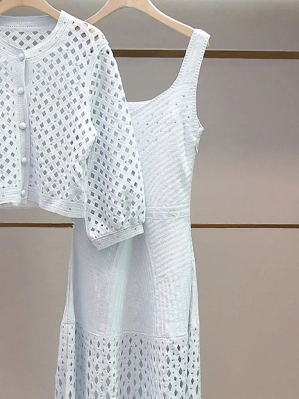 

Spring/Summer Women O-Neck Crochet Hollow Solid Knit Set Long Sleeve Cardigan + Sleeveless Hign Waist A-line Maxi Dress