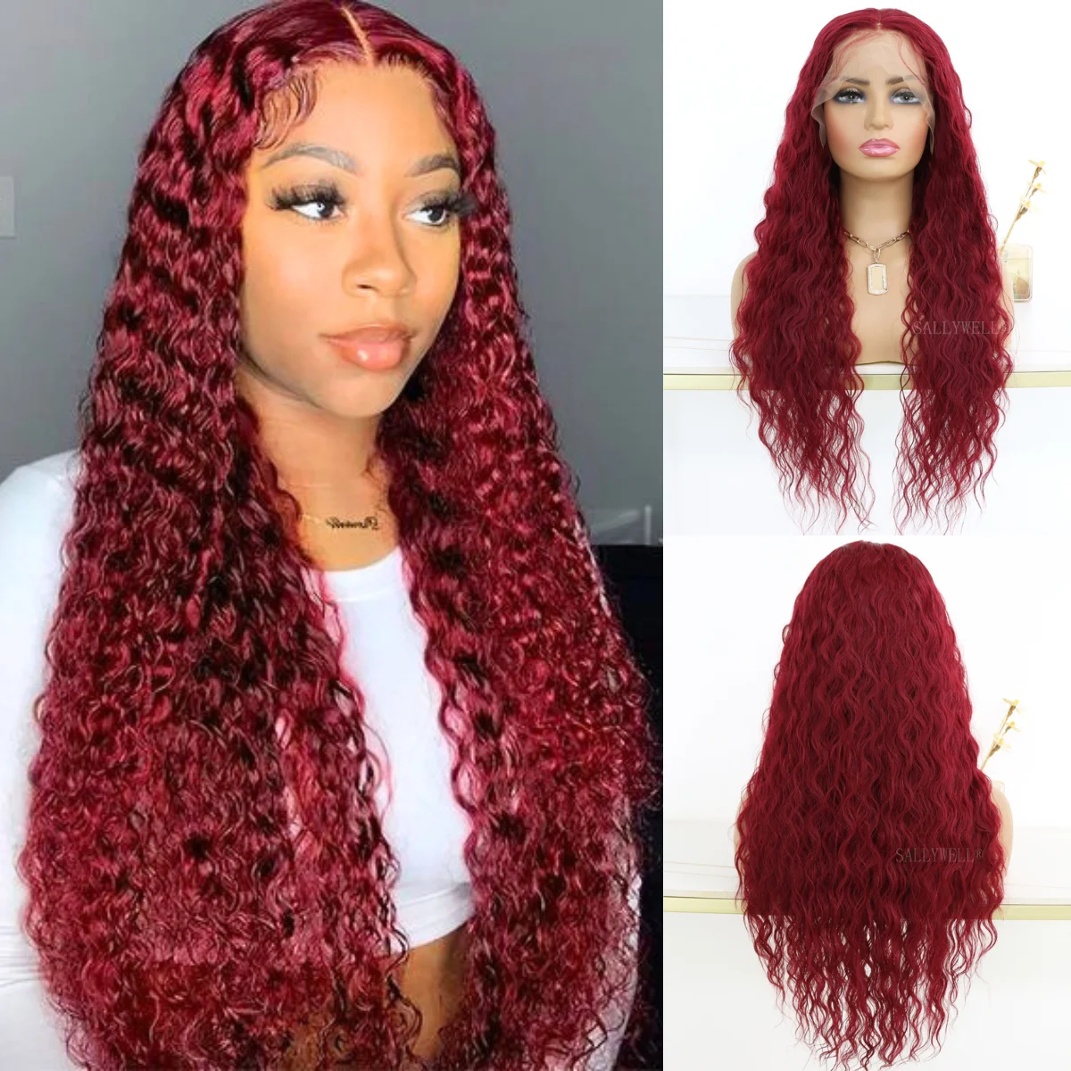 Burgundy Long Curly Lace Frontal Wigs 13×4 Lace Front Synthetic Wig Glueless Breathable Heat-resistant Synthetic Fiber Wig