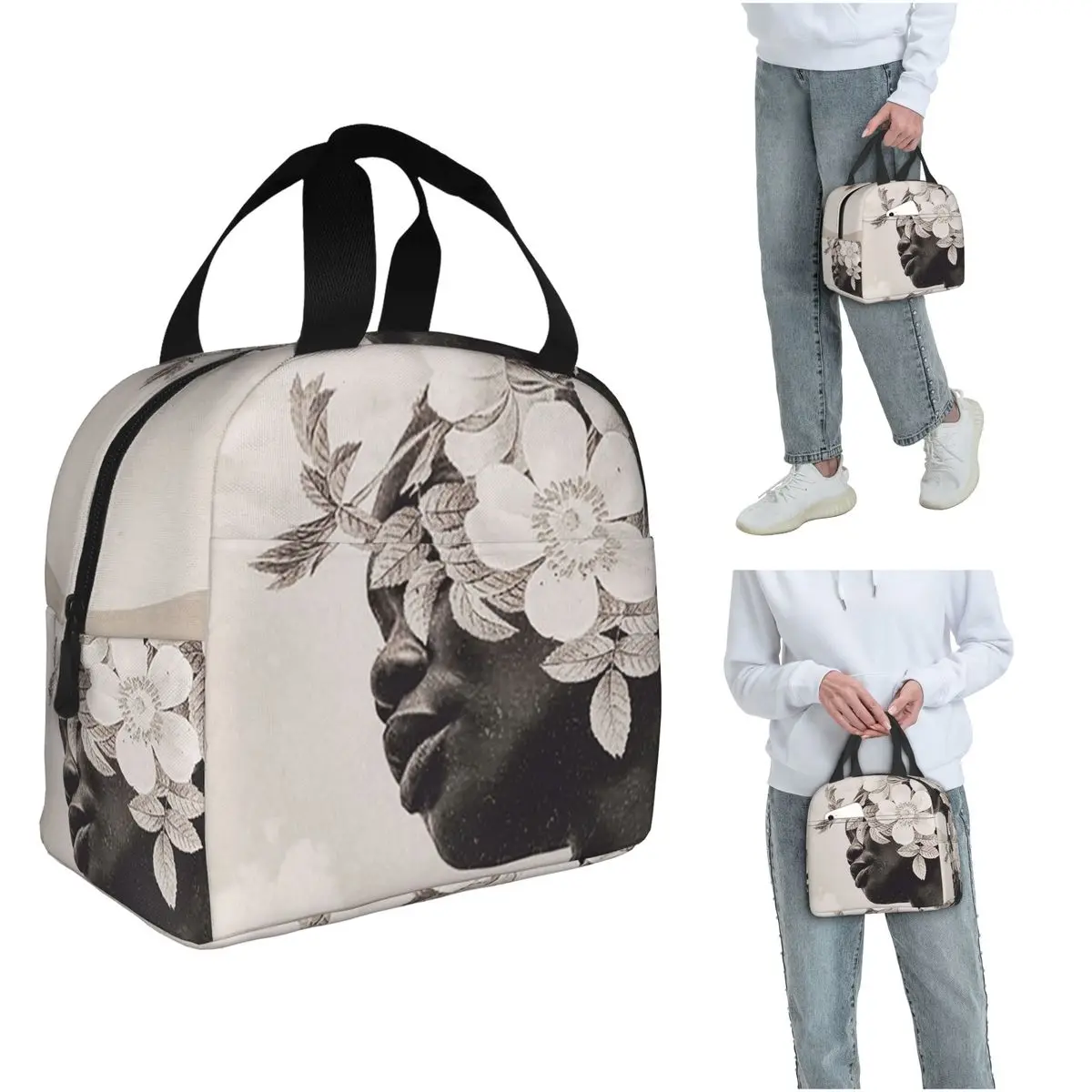 White Flower Black Woman Insulated Lunch Bag for Women Children Portable Food Boxes Thermal Lunch Box Tote
