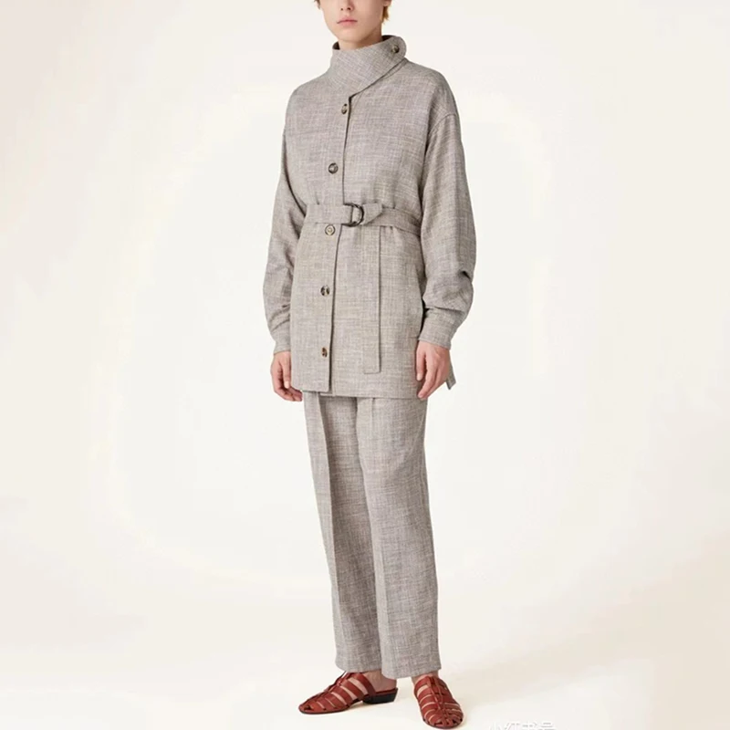 

Women's Wool and Cotton Blend Standing Collar with Belt Jacket Coat Double Button High Waisted Pants Set, High Quality Top Pants