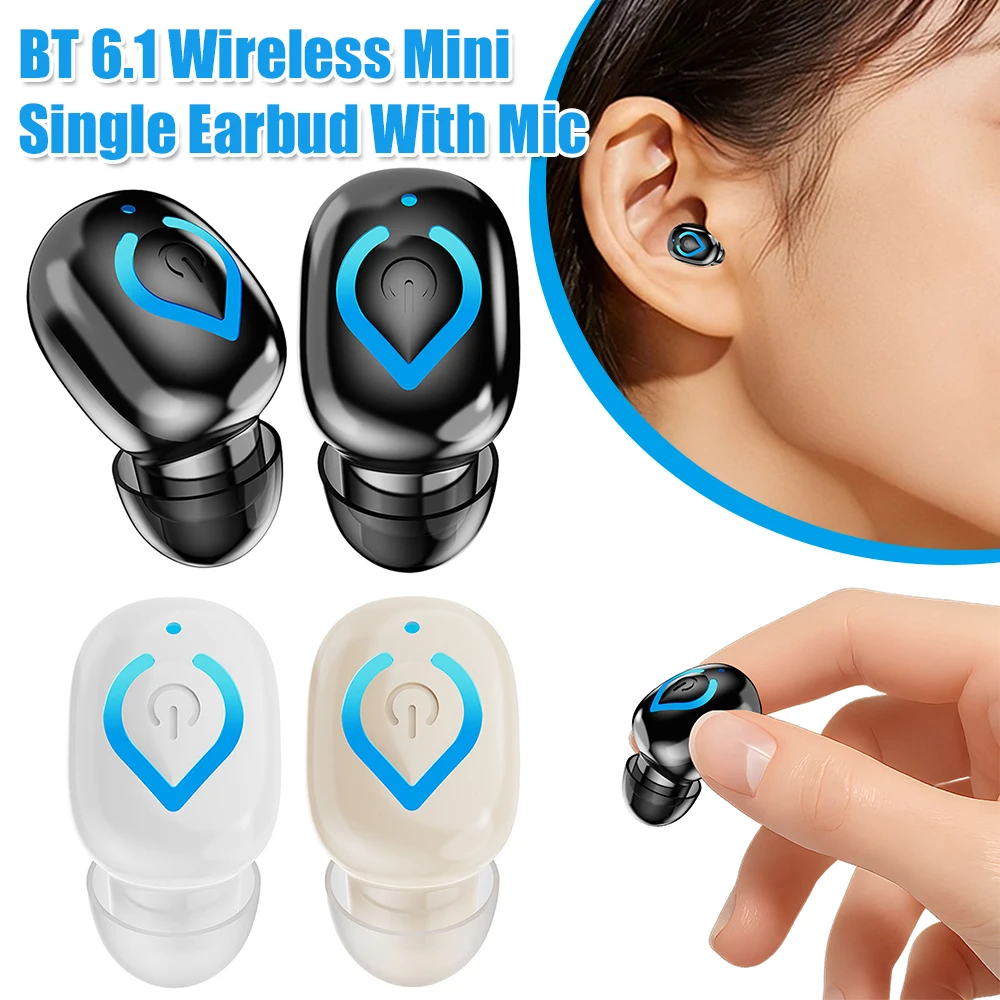 BT 6.1 Wireless Mini Single Earbud With Mic Invisible Earbuds IPX3 Waterproof Noise Canceling Earphones for Home & Office
