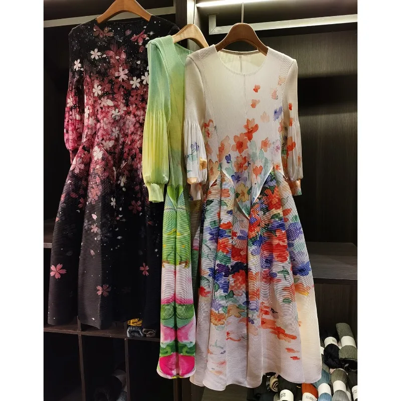 

Плиссированное платье Miyake 2026 с принтом «Масляная живопись», женское, для отдыха на море, во французском ретро-стиле, элегантное, приталенное, А-силуэт, длинная юбка