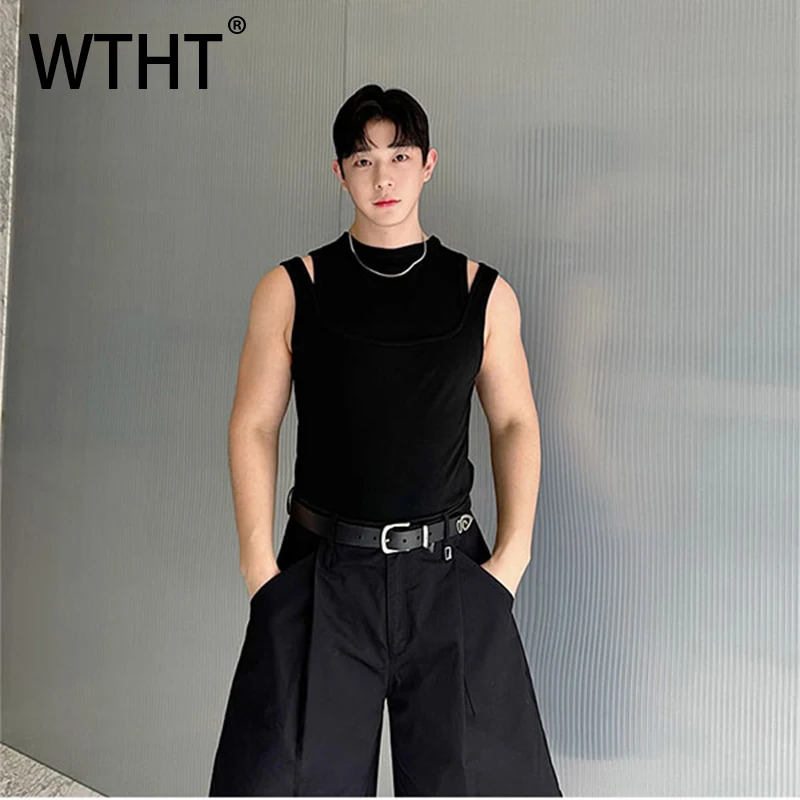 

WTHT Fashion Men's Spliced Fake Two-pieve Solid Color Camisole Trendy Sleeveless Round Neck Tank Tops Male 2025 Summer 2A1375