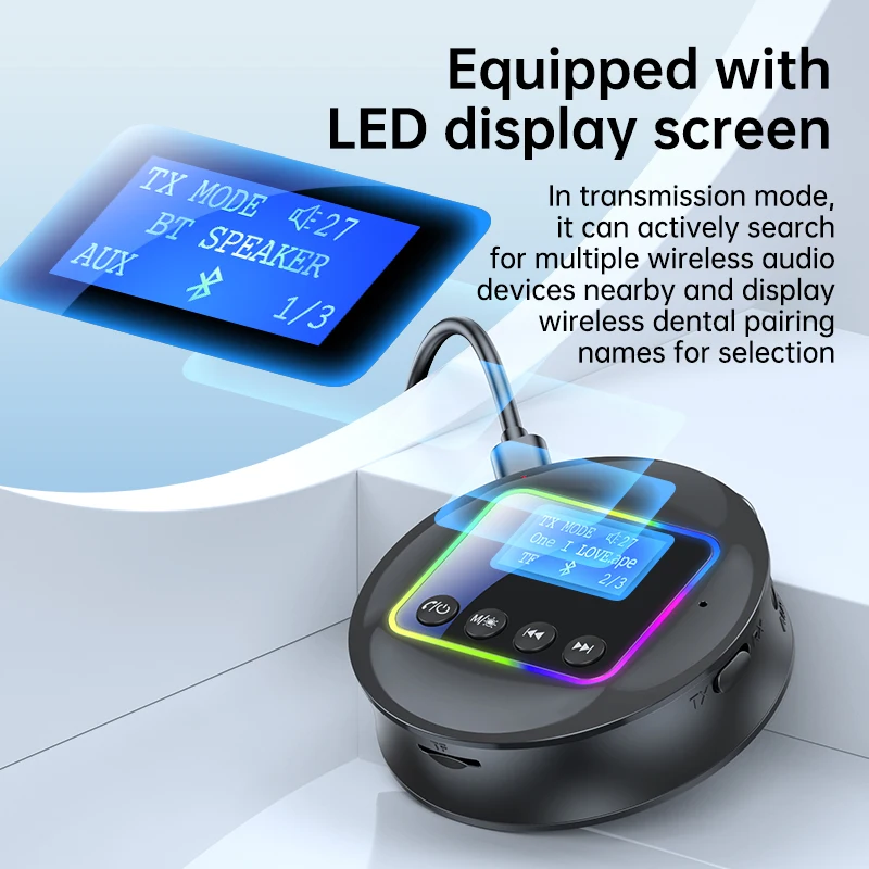 TF Card Play AUX RCA Bluetooth 5.4 Audio Transmitter Receiver LCD Display RGB Light Wireless Audio Adapter For Car TV PC Speaker