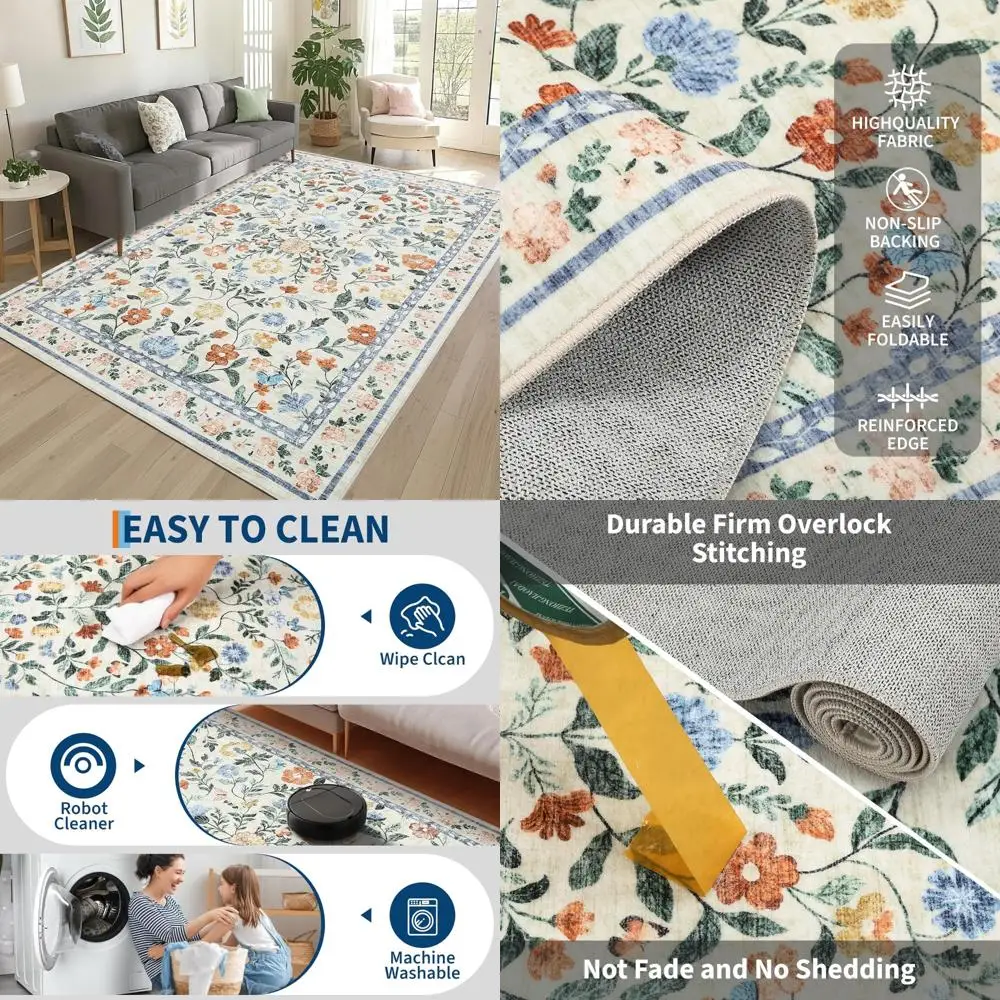 

Washable 9x12 Living Room Rug, Soft Vintage Style, Low Pile Floral Carpet, Non-Slip & Non-Shedding