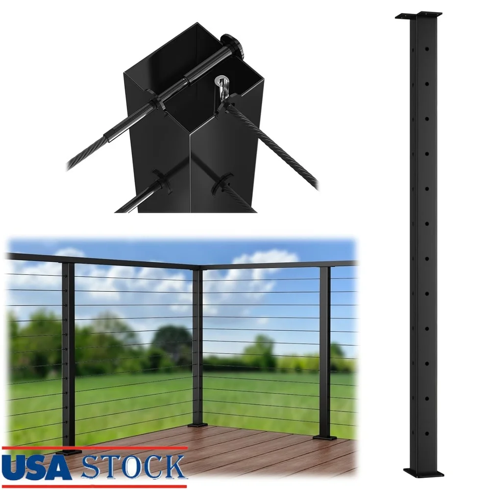 

42 Inch Black Square Corner Cable Railing Post T-Drilled Stainless Steel Surface Mount Deck Stair Porch Fence