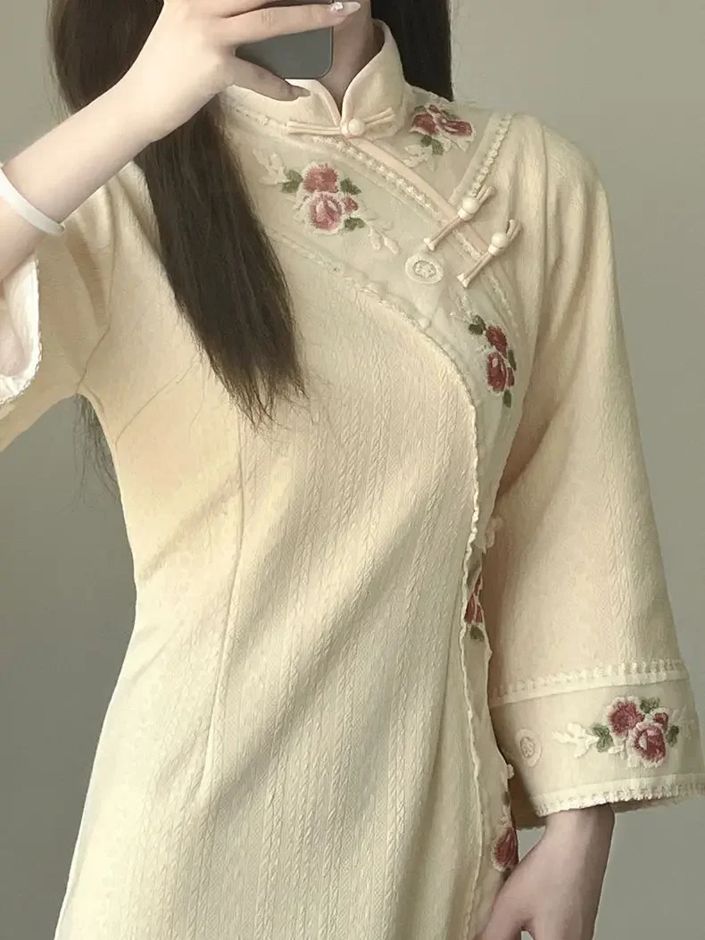 

Винтажное милое платье Cheongsam с цветочной вышивкой в китайском стиле, традиционные женские элегантные платья Ципао, женские платья