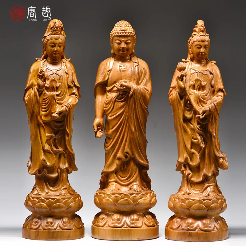 YFY wood carving Western three saints Buddha statue ornament Guanyin  general trend to  Amitabha Buddha living room crafts