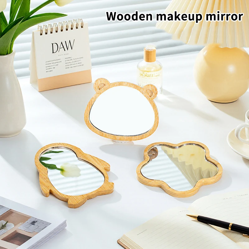 나무 손거울 빈티지 휴대용 다형태 화장 거울 컴팩트 메이크업 손거울 여성 여행용 거울