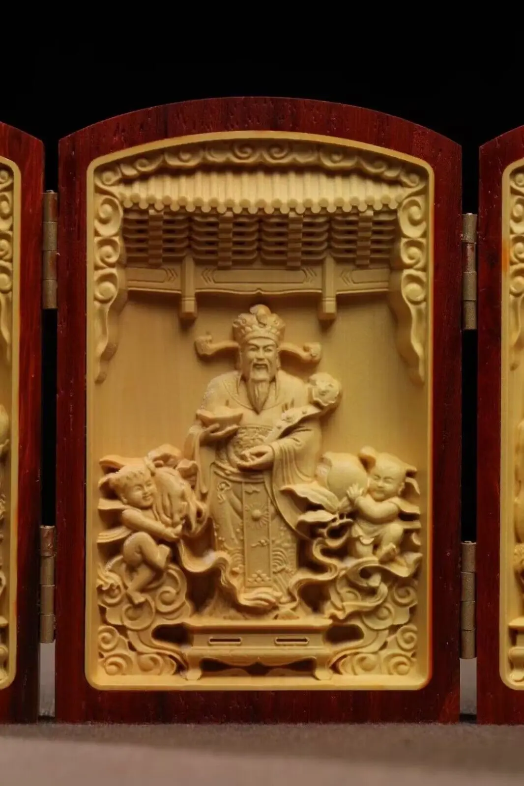 Mini Chinese Boxwood Inlaid Redwood Wood Hand Carved Buddha Box Statue