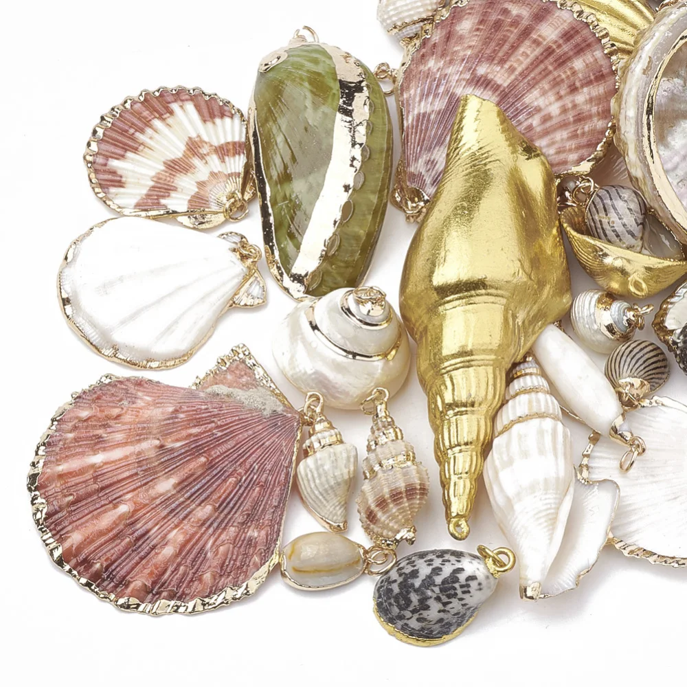 

50Pcs Electroplate Sea Shell Pendants, with Light Gold Iron Findings, Colorful,