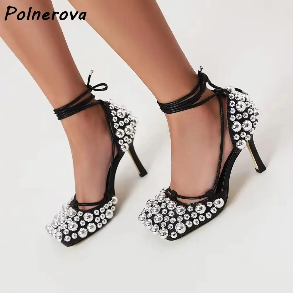 Full Pearl Square Toe Ankle Wrap Pumps Lace Up Stiletto Thin Tie Ankle Strap Black Shoes Women Summer High Heels Luxury Shoes