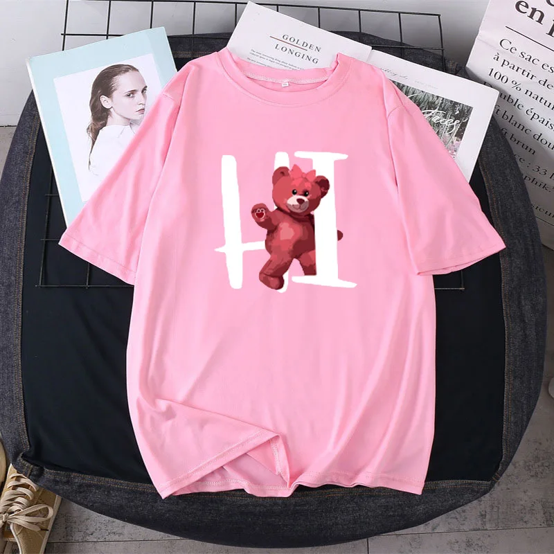 Cotton 100% American retro cute teddy bear print new short-sleeved street design sense all-matching men's and women's T-shirt