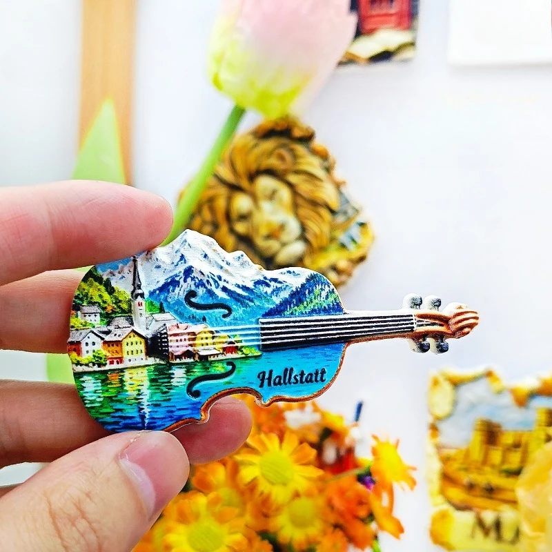Hallstatt Austria Fridge Magnet - Iconic 3D Lake & Violin Souvenir Unique Alpine Village Gift for Travel & Music Lovers Decor