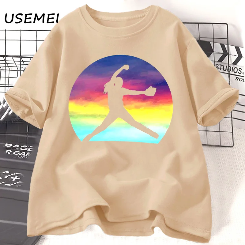 Softball Pitcher T Shirt for Women Retro Sunset T-Shirt Girl Youth Women's T-shirts Casual Cotton Short Sleeve Tshirt Clothing