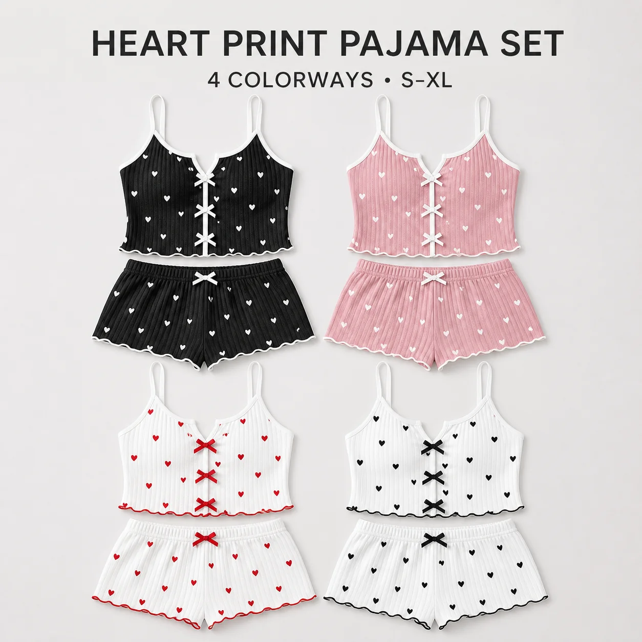 Women's Heart Print Pajama Set Ribbed Cami Top and Shorts, Lightweight Summer Loungewear with Adjustable Straps S-XL