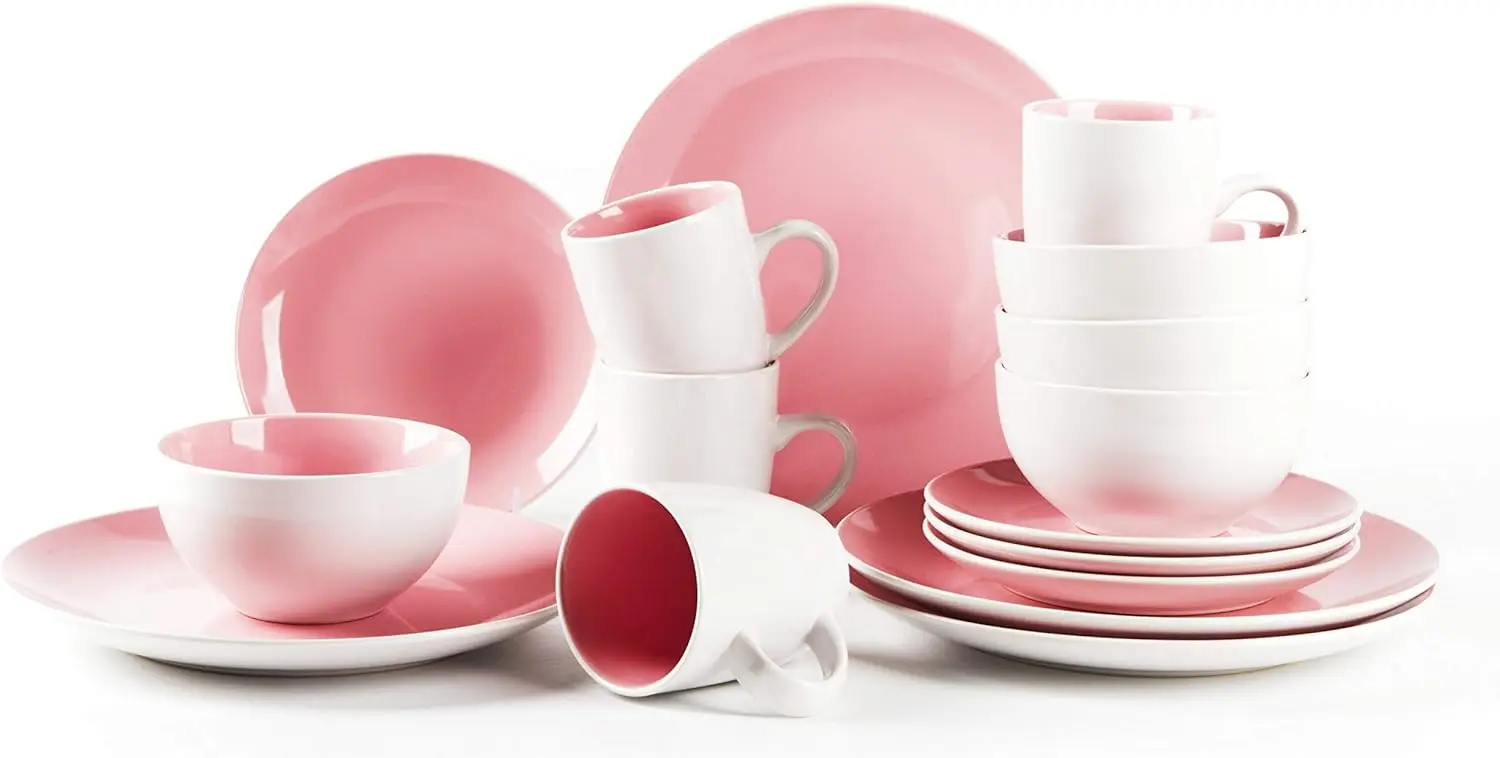

Stoneware Shape 16pc Dinnerware Set, Outside White + Inside Pink