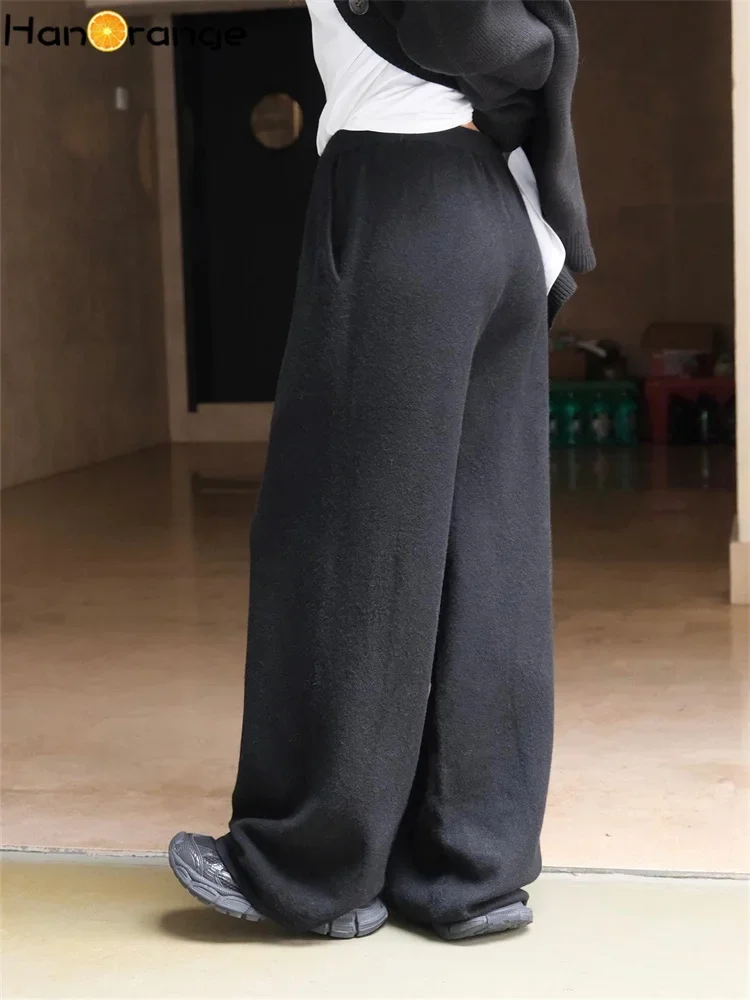 HanOrange 2024 Autumn Winter Simple Straight Tube Hanging Wool Knitted Pants Soft Knitted Trousers Grey/Black/Stone Green