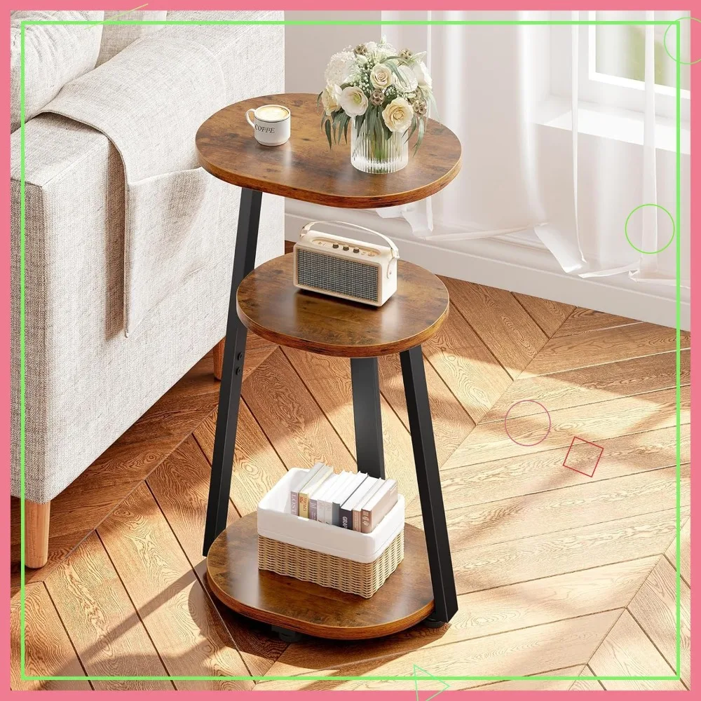 

Vintage Brown Oval Side Table with Metal Frame, 3-Tier Small End Table for Living Room Bedroom Couch Bathroom