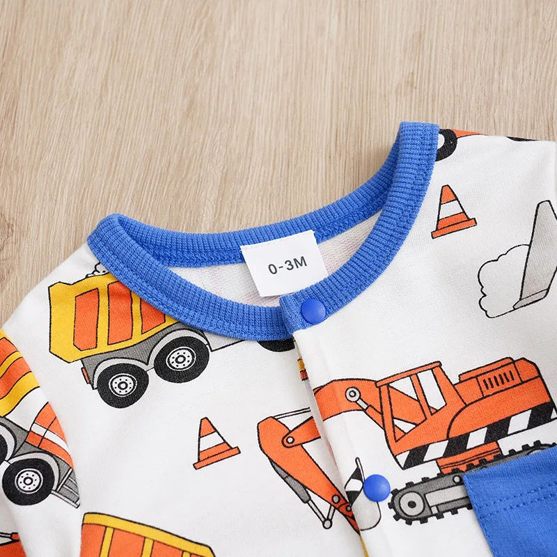 0-36M Fashionable Spring and Autumn Newborn Long sleeved jumpsuit full print engineering car cotton baby boys and girls