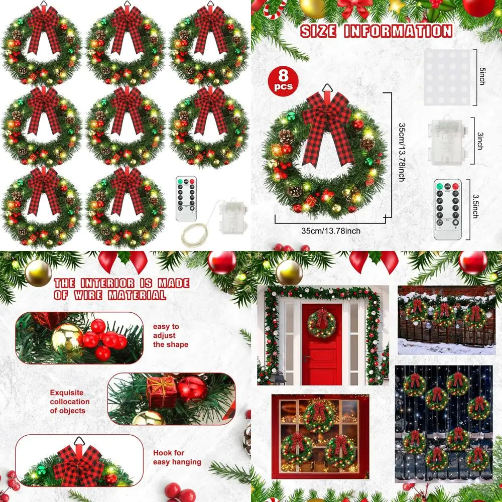 

Искусственный рождественский венок со светодиодной подсветкой на батарейках и таймером для праздничного декора дверей и окон (клетчатый бант)