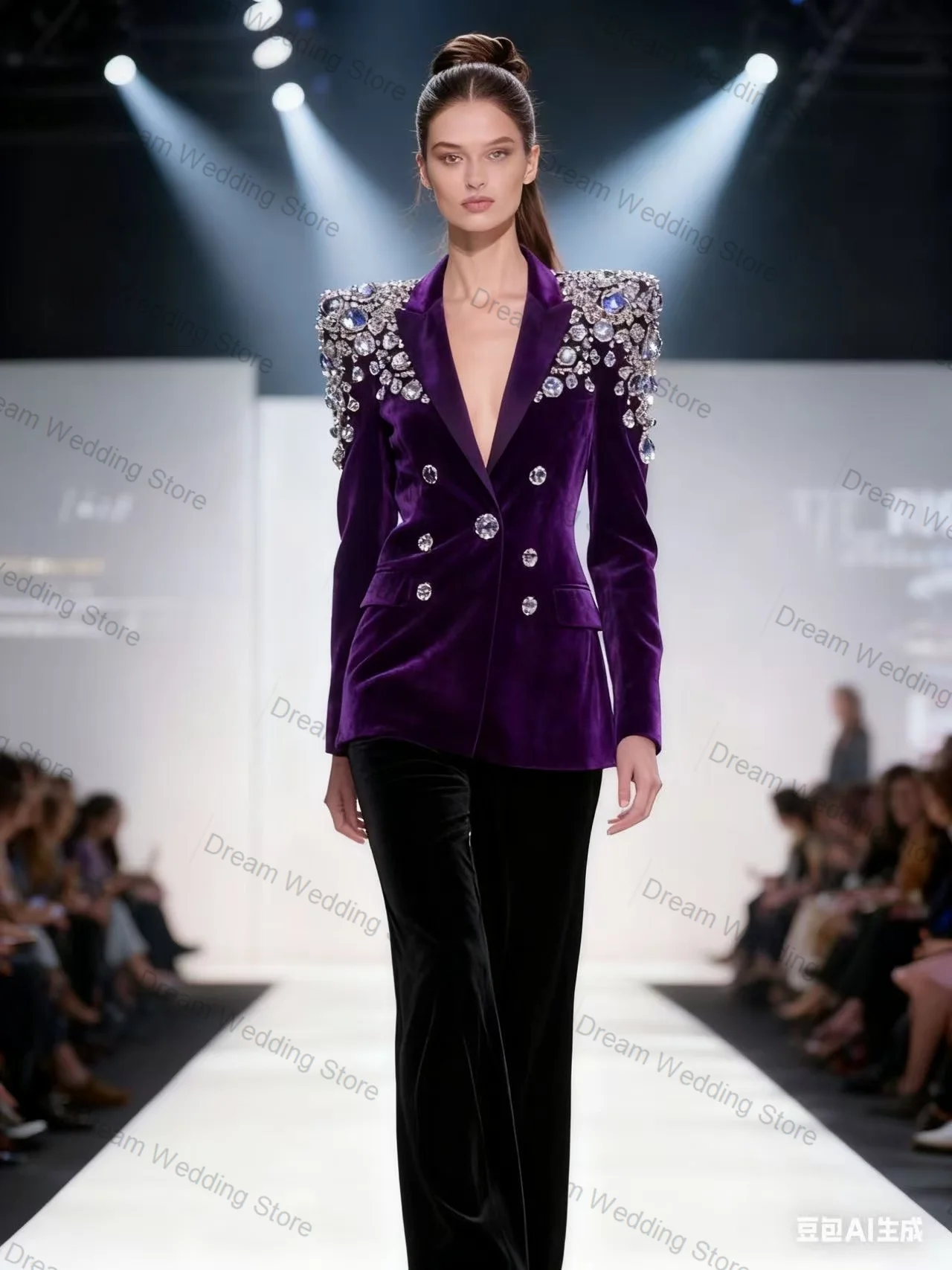 Velvet Brown Women Suit Pants Set 2 Pcs Blazer+Trousers Crystals Formal Office Lady Jacket Customized Guest Wedding Prom Coat