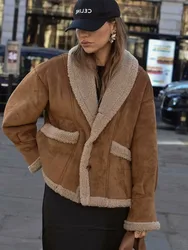 Vintage Woman Lamb Fur Loose Jackets Long Sleeve Single-breasted Casual Short Coat Pocket Warm Autumn Winter Lady Spliced Jacket