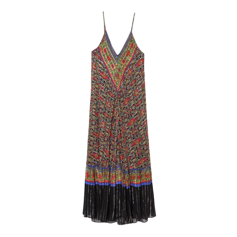 

Korean Women's Summer New Style Fashionable Temperament Vacation Style Loose Print V-neck Slim Suspender Dress