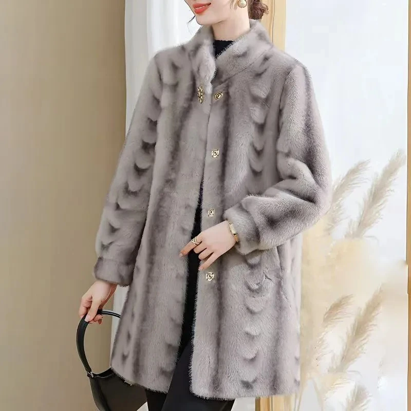 2025年冬新作 ファー一体型ミンクファーコート ファッション 中高年女性向け ミディアム丈 厚手フェイクファーコート レディースパーカー オーバーコート