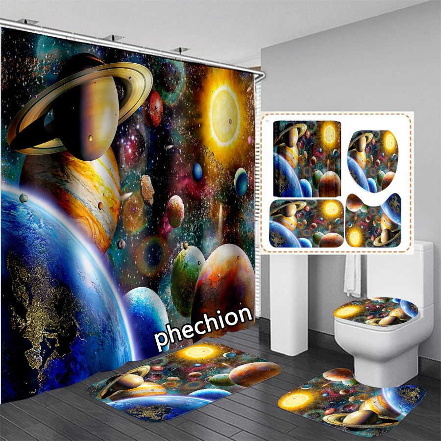 phechion Fashion 3D Print Planet universe Shower Curtain Waterproof Bathroom Curtain Anti-slip Bath Mat Set Toilet Rugs VR280