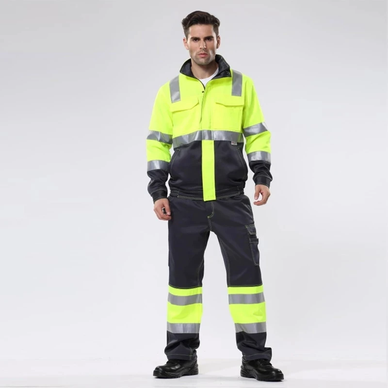 Work Clothing Hi Vis Long Sleeves Reflective Safety Working Uniform Porter Construction Worker Electric Jacket and Pants