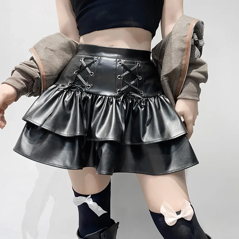 Y2K Zip Pleated Skirts Mall Gothic Bottoms  Aesthetic Faux Pu Leather Lace-up Mini Skirts Women Fashion Streetwear 2026 Chic New