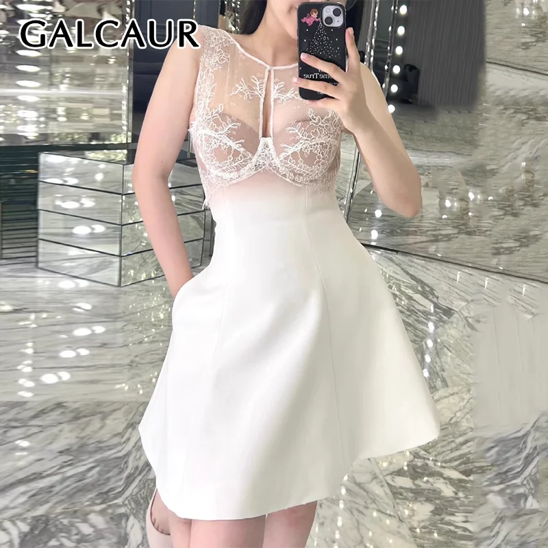 GALCAUR Sexy Women Sheer Short Dress O Neck Sleeveless High Waist Tunic Temperament Lace Design Dresses Female Fashion New Style