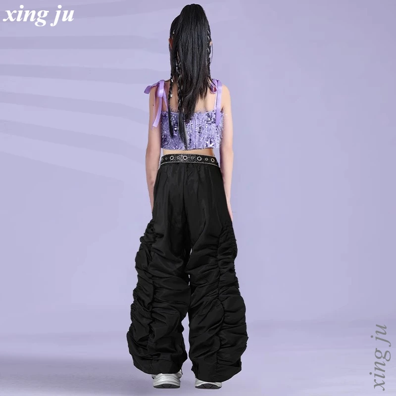 Girls Jazz Dance Outfit Sweet Purple Sling Tops Black Pants Hip Hop Costume Kids Street Performance Clothes Childrens Stage Wear