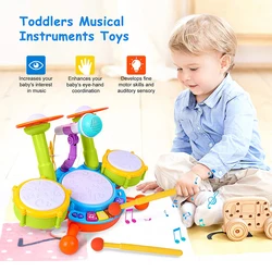 Baby Toys Kids Drum Set Musical with Light Sound Toddlers 1 2 3 Years Educational Instruments Microphone Kids Playing Christmas