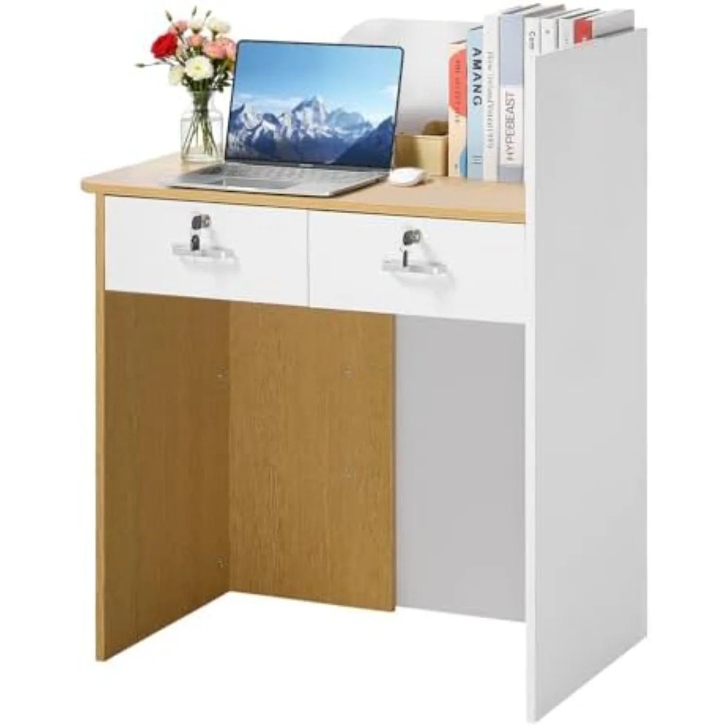 Reception Desk, 31.5 inch Rectangular Front Counter Table, Modern Office Reception Desk with LED Light, 2 Drawers &