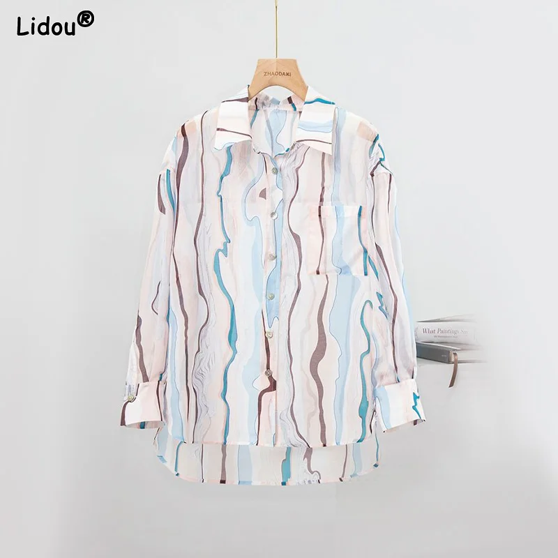 

Tops Spring Summer Turn-down Collar Button Striped Straight Office Lady Casual Blouses Thin Intellectual Women's Clothing Loose