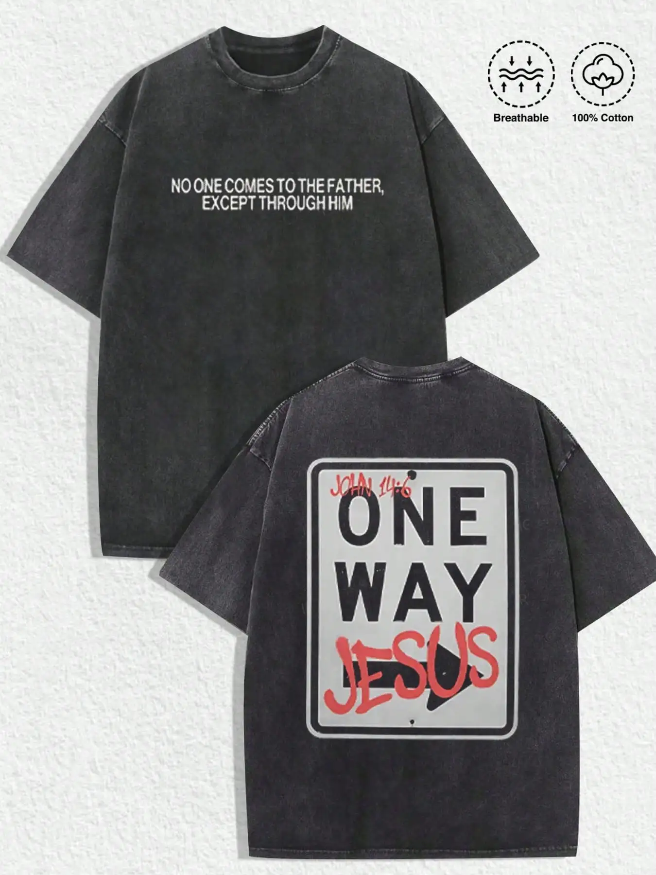 

Dark Washed Cotton Graphic Tee with Biblical Quote and Road Sign Print, Loose Fit Casual T-Shirt for Men & Women