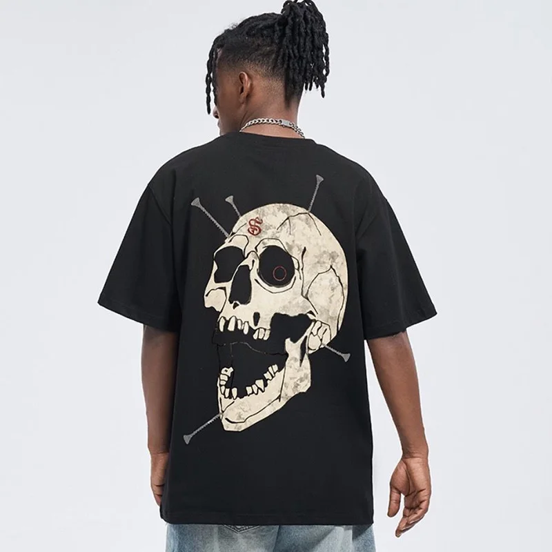 Summer New Skull Print T-shirt Loose Oversized Street Hip Hop Short Sleeved High Quality 100 Cotton Men Women Tee Tops Clothing