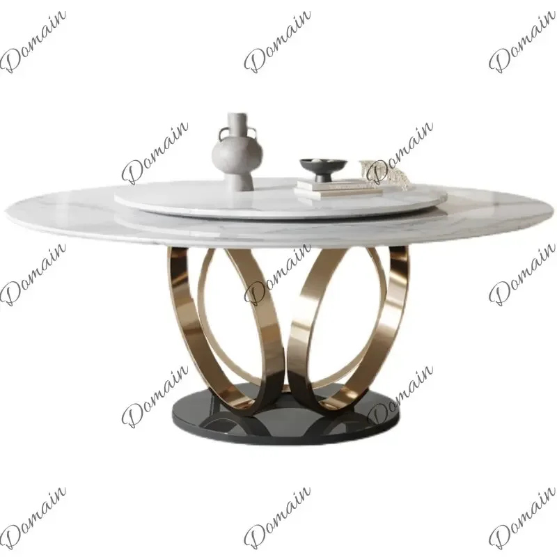 ZL Luxury Marble Round Dining Table For 10 With Lazy Susan And Induction Cooker, Large Family Villa Kitchen Furniture