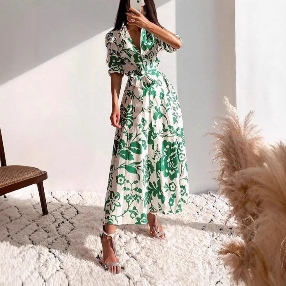 

Party Dresses Woman Green Floral Print Lapel Collar Maxi Dress Half Sleeve Belted Waist Elegant Beach Outfits Woman