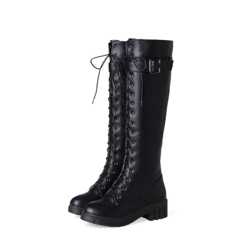 Botas De Mujer 2023 Knee -High Boots Women Elegant Fashion Round Toe Cross Strap Ladies Black Platform Shoes Big Size 45 46 17-3