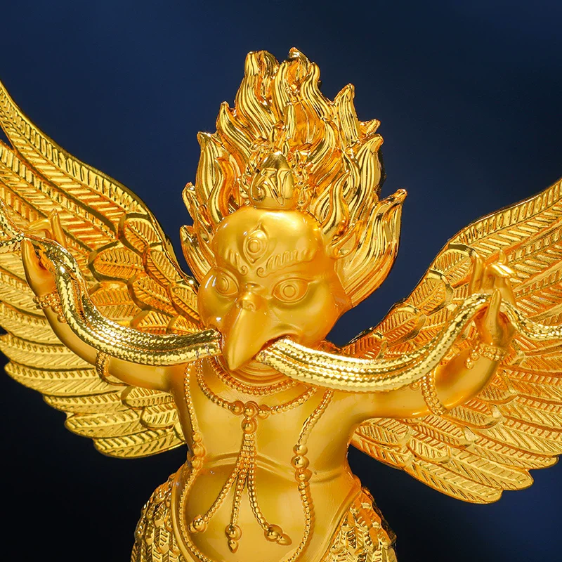 Garuda Statue, Fully Gold Gilded Tibetan Buddhist Protector Deity, 4-Inch Lotus Base Figurine, Larung Style Vajrayana Altar Deco