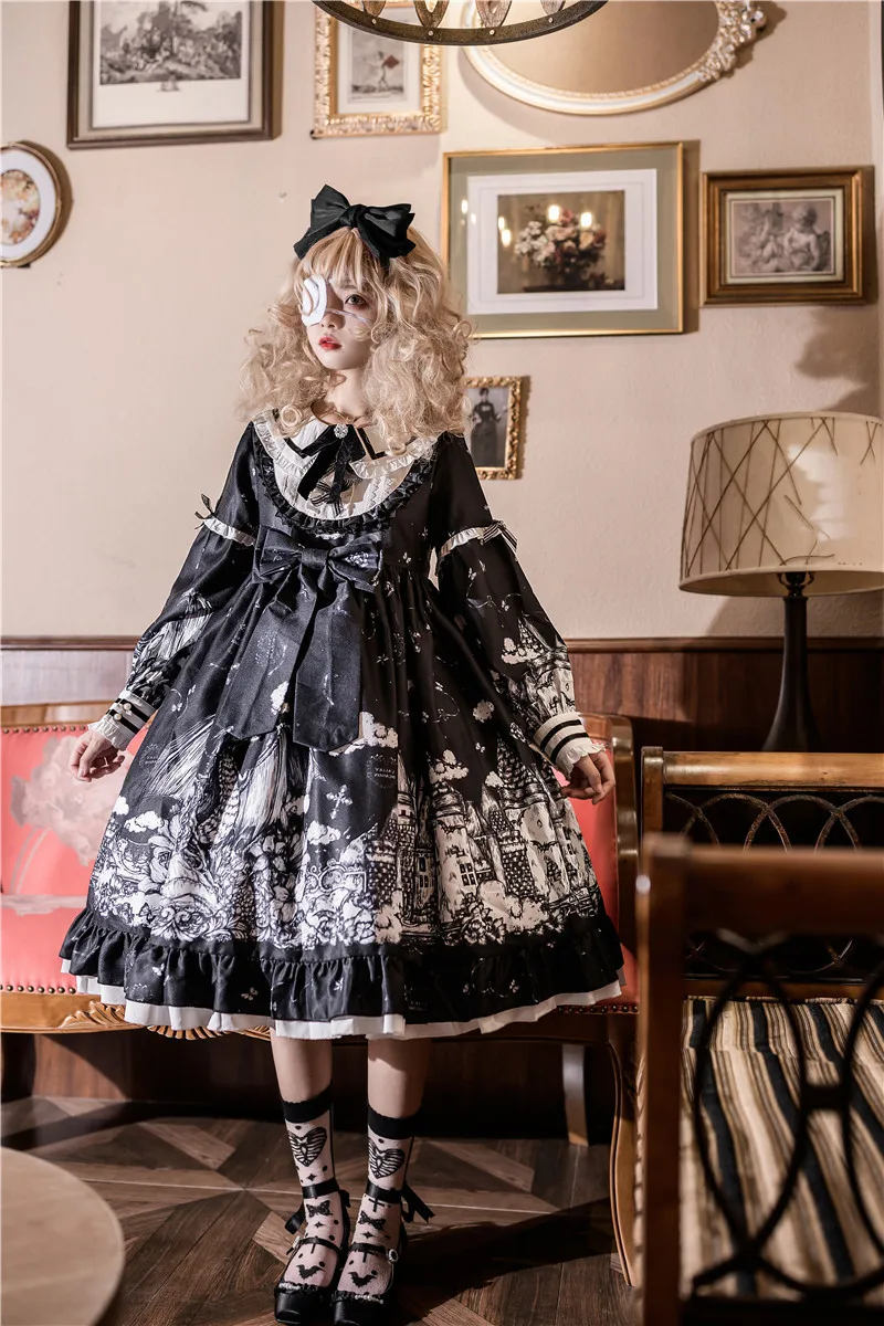 Sukienki Gothic Kawaii Lolita Halloween Anime Party Cosplay Kostiumy Jesienne Urocze Spódniczki Dziewczęce Czarno-Białe Dół Mundurek Szkolny
