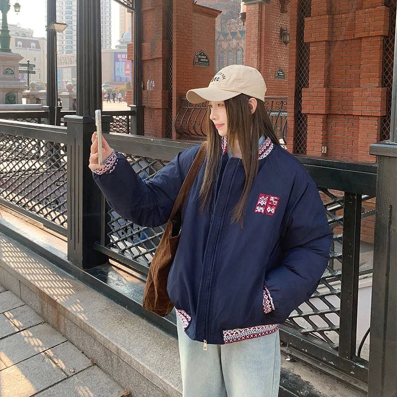 

Winter Couple Cotton-Padded Baseball Jacket Y2K Trend Contrast Color Patchwork Short Parkas Women Ins Warm Cropped Jackets Woman