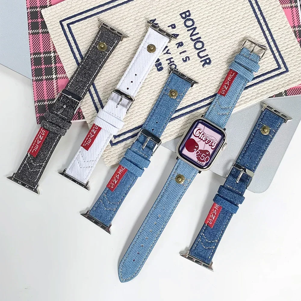 Denim Canvas Rivet Strap for Apple Watch Band Series 9 8 7 6 SE 5 4 Jeans Bracelet Ultra 2 49mm 45mm 41mm 40mm 44mm Soft Belt