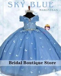 Sky Blue Flower Girls Dress 2024 Princess Ball Gown For Birthday Butterfly Applique Crystals Beads First Communion Customized