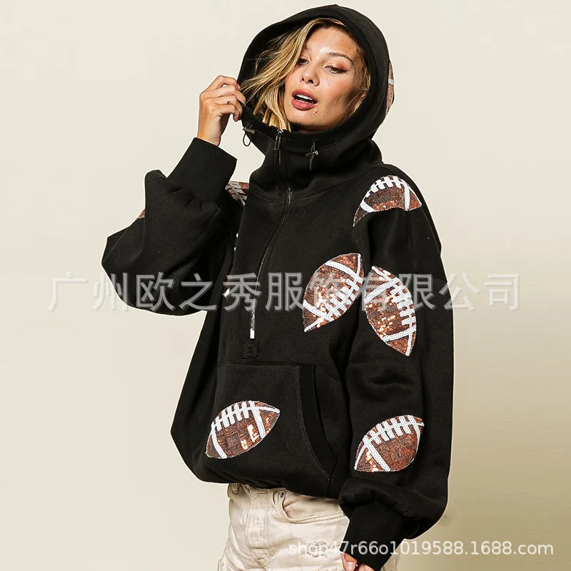 2025 Spring and Autumn Rugby Sequins Hooded Sweater European and American Women's Zipper Drawstring Long Sleeve Pullover