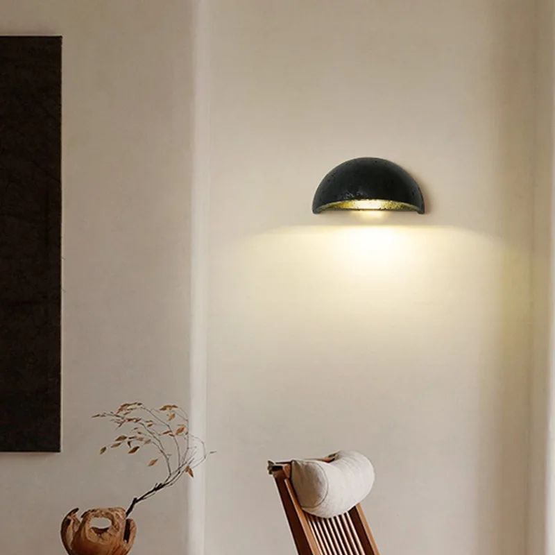 Wall Lamp Black Semicircle Stone Retro Bedroom Bedside Porch Corridor Light Home Decor Atmosphere Wabi-sabi Lighting Fixtures