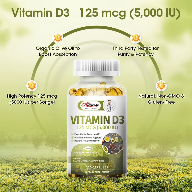 Suplemento de vitamina D Alliwise: apoyo inmunológico, función muscular saludable y salud ósea, cápsulas de vitamina D3 5000 UI